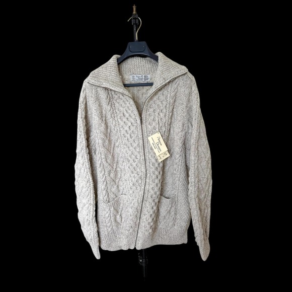 Athena Designs Other - Athena Designs Irish Handknit‎ Wool Zip Cardigan Sweater Oatmeal Mens XL